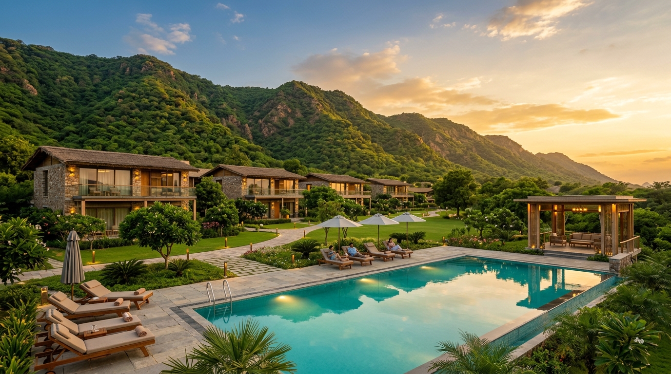 Open Sky Outing luxury eco-resort with swimming pool nestled against green Aravali Hills in Teekli Gurugram